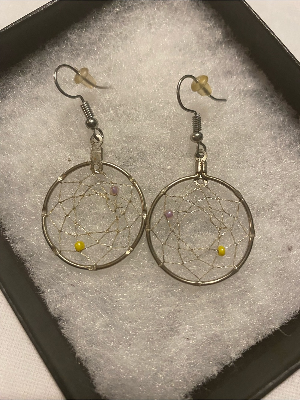 Hand Crafted Silver Dreamcatcher Earrings with Yellow and Purple Beads